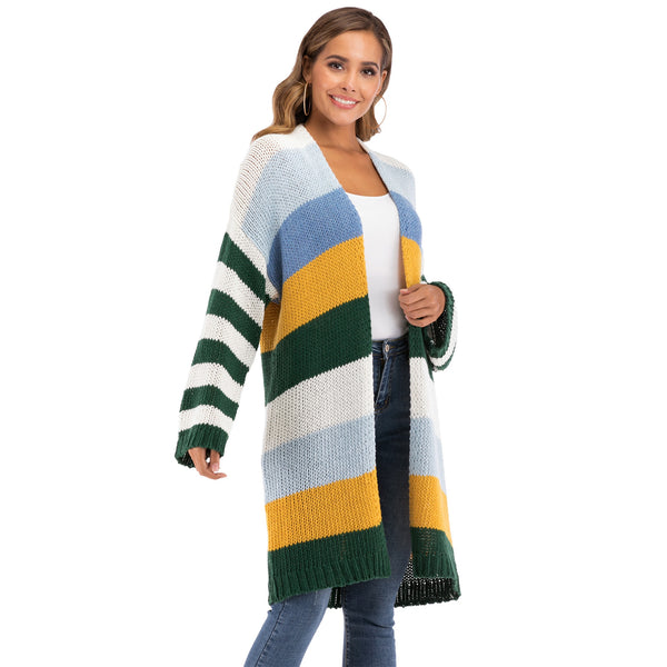 Women's Spring Knitting Cardigan Casual Long Joint Contrast Color Striped Oversize Knitted Sweater Cardigan Patched Outwear
