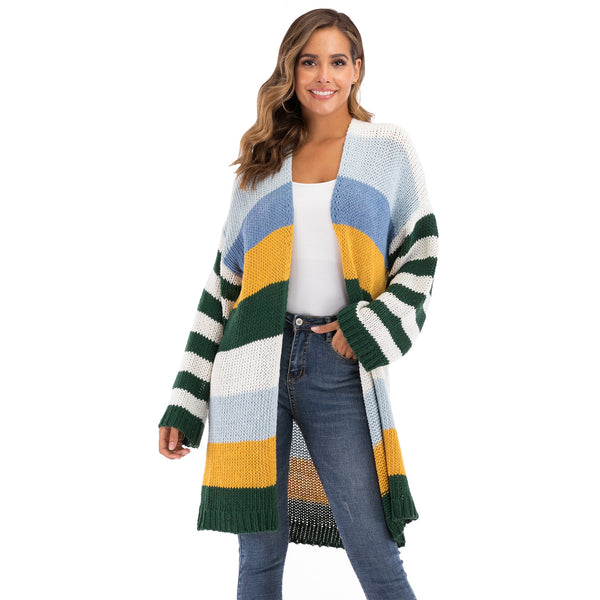 Women's Spring Knitting Cardigan Casual Long Joint Contrast Color Striped Oversize Knitted Sweater Cardigan Patched Outwear